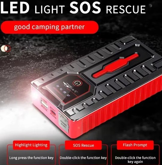 Booster Jumper Starter 12000mAh โ Car Jump Starter, Power Bank, LED Flashlight & Air Compressor ๐๐